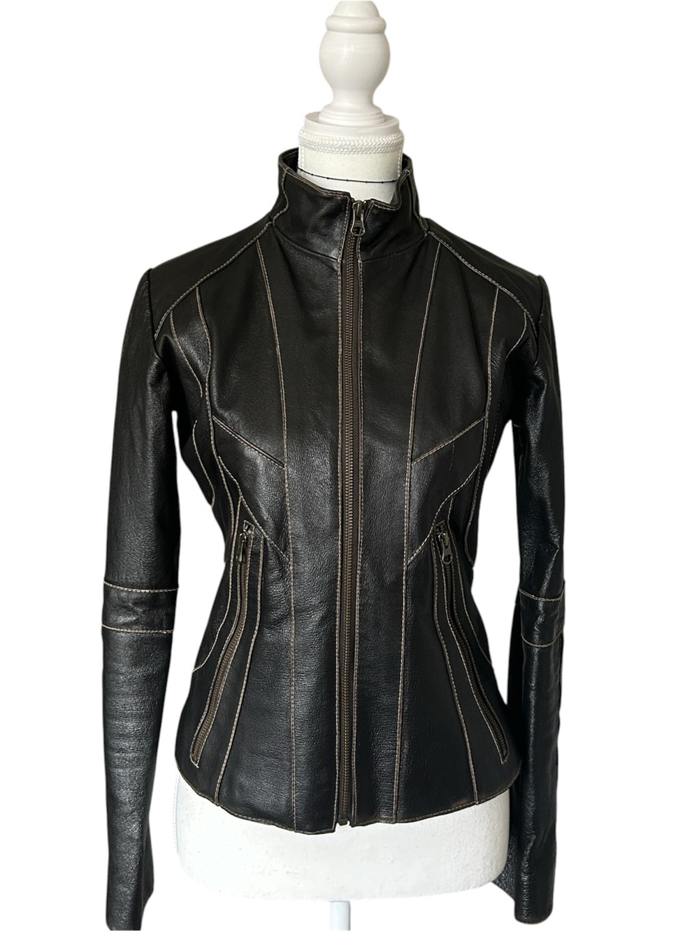 Y2K “Selections” Dark Brown Leather Moto Style Zip-up Jacket